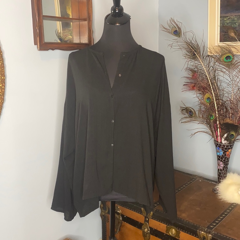 - Eileen Fisher Black Button Up Long Butterfly Sleeve Blouse